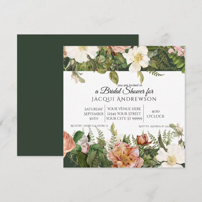 Forest Green Pink Ivory Roses Floral Bridal Shower Invitation (Front/Back)