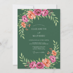 Forest Green Pink Peach Botanical Wedding Invitation
