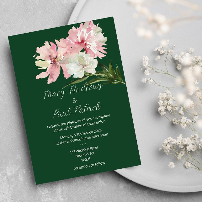 Forest green pink white floral peony Wedding  Invitation (Forest green pink white floral peony Wedding )