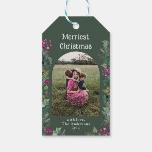 Forest Green Pink Winter Photo Christmas Gift Tags