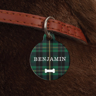 Forest Green Plaid Pattern Dog Bone & Monogram Pet Tag