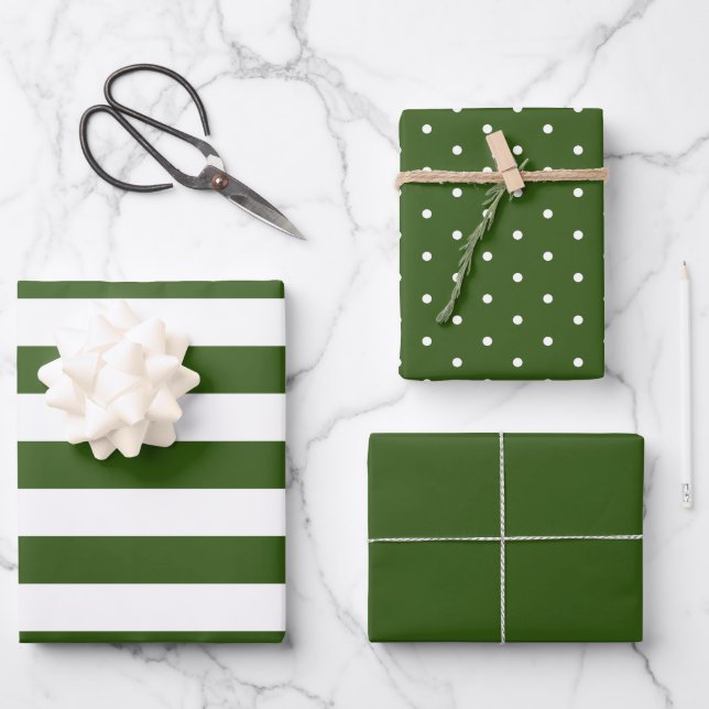 Forest Green Polka Dot Wide Striped and Solid Wrapping Paper Sheet (Front)
