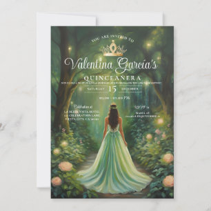 Forest Green Quinceañera 15 Anos Gold Crown Invitation