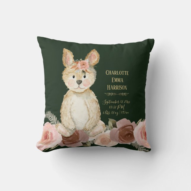 Forest Green Rabbit Blush Floral Baby Birth Stats Cushion (Front)