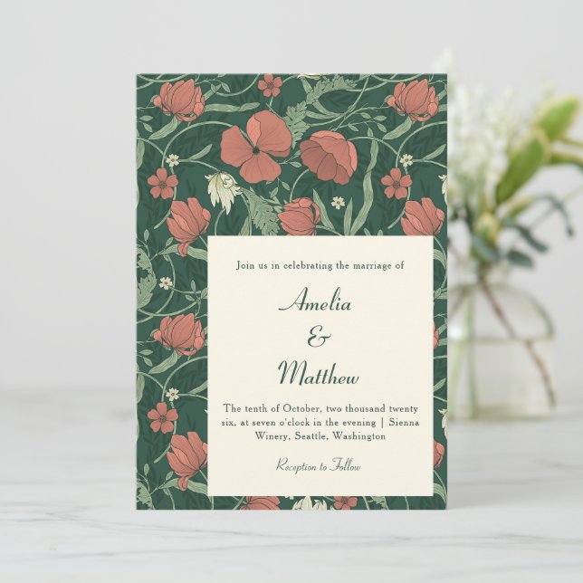 Forest Green Red Botanical Floral Fall Wedding Invitation (Standing Front)