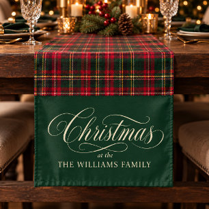 Forest Green Red Tartan Christmas Calligraphy Short Table Runner