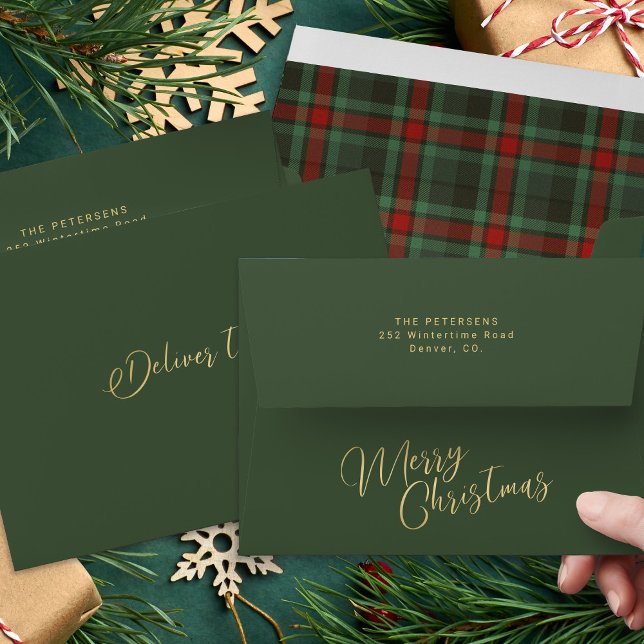 Forest green red tartan plaid Merry Christmas  Envelope (Creator Uploaded)