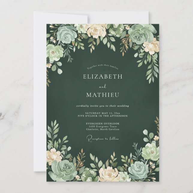 Forest Green Rich Succulent Wedding Invitation (Front)