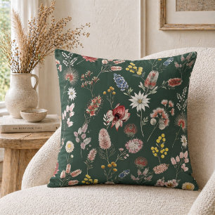 Forest Green Romantic Moody Watercolor Wildflowers Cushion