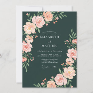 Forest Green Romantic Peach Floral Wedding Invitation