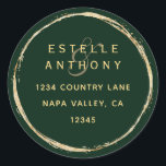 Forest Green Rustic Gold Ampersand Return Address Classic Round Sticker<br><div class="desc">This return address sticker features a faux gold circle frame with an elegant ampersand and simple calligraphy with a forest green background.</div>