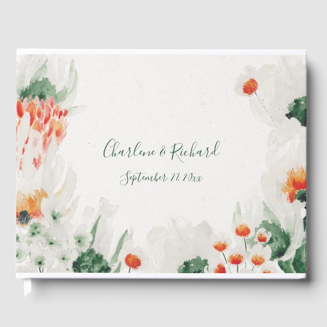 Forest Green Rustic Orange White Floral Guest Book (Front)