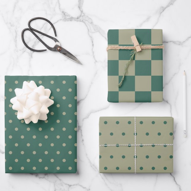 Forest Green & Sage Chequerboard and Dot Patterns Wrapping Paper Sheet (Front)