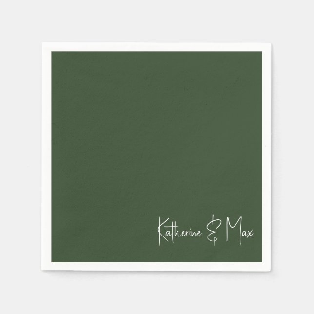 Forest Green Script Names Wedding Cocktail Napkin (Front)