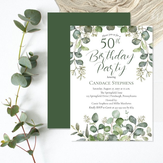 Forest Green Seeded Eucalyptus 50th Birthday Party Invitation (Understated elegance Forest | Sage Green Seeded Eucalyptus "50th Birthday Party" Boho Chic design.)