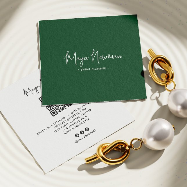 FOREST GREEN SIGNATURE Modern Minimal QR Code  Square Business Card (Creator Uploaded)