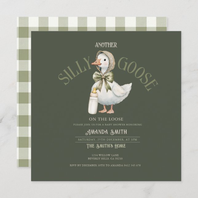 Forest Green Silly Goose neutral  Baby Shower  Invitation (Front/Back)
