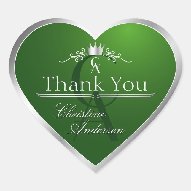 Forest Green Silver Frame and Monogram Thank You Heart Sticker (Front)