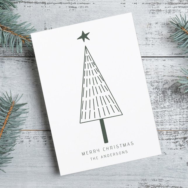 Forest Green Simple Christmas Tree Photo Flat  Holiday Card (Creator Uploaded)