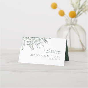 Forest Green Simple Hand Drawn Botanical Folded Place Card