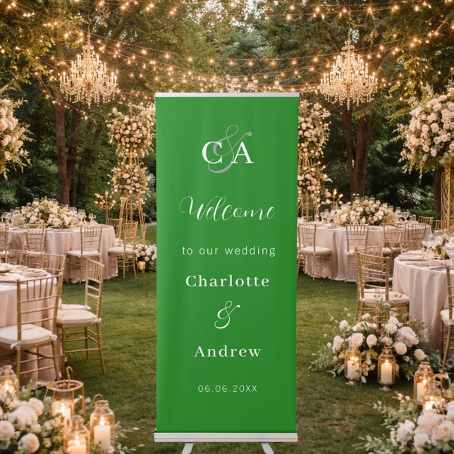 Forest green simple monogram wedding welcome retractable banner (Creator Uploaded)