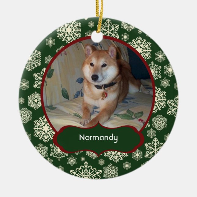 Forest Green Snowflakes Personalised Photo Round Ceramic Tree Decoration (Front)