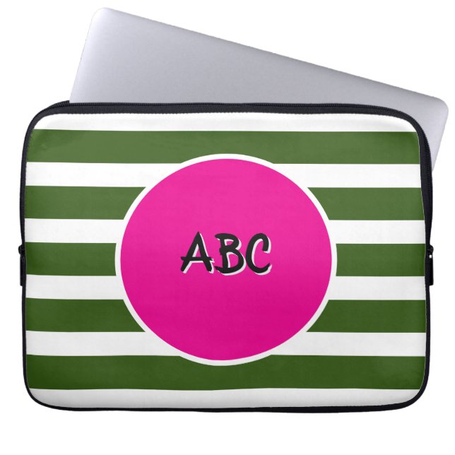 Forest Green Stripes pink circle Laptop Sleeve (Front)