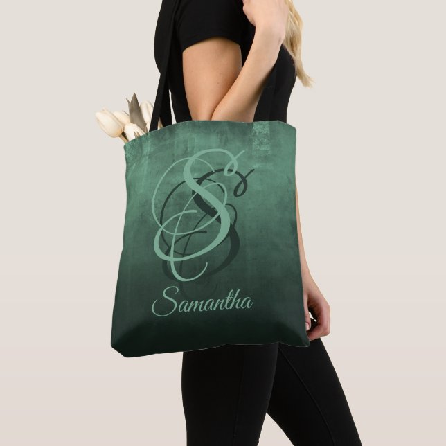 Forest green stylish rustic monogram tote bag (Close Up)