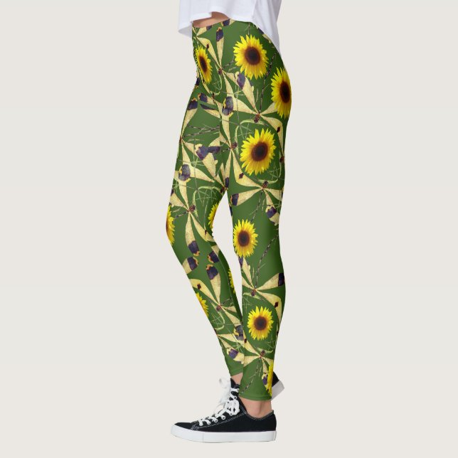 Forest Green Sunflower Dragenfly  Leggings (Left)