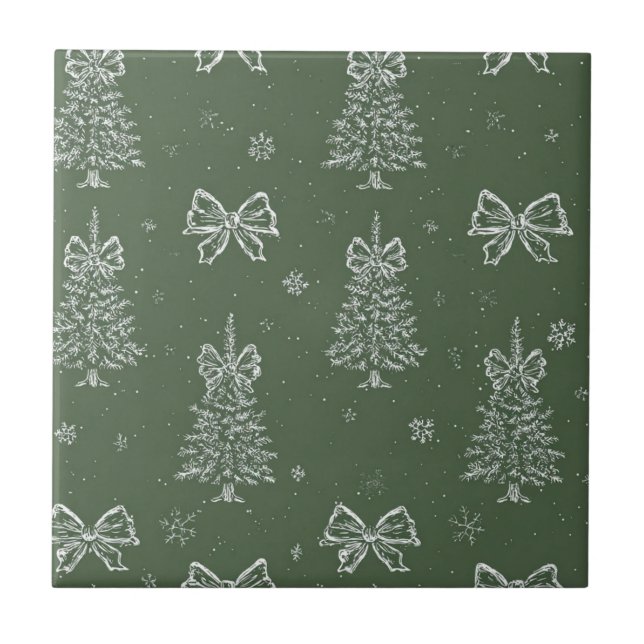 Forest Green Vintage Evergreen Winter Pattern Tile (Front)