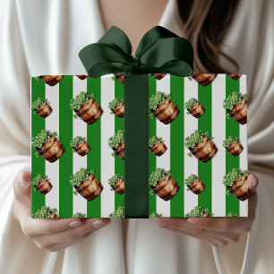 Forest Green Vintage Striped Shamrock Barrel Wrapping Paper