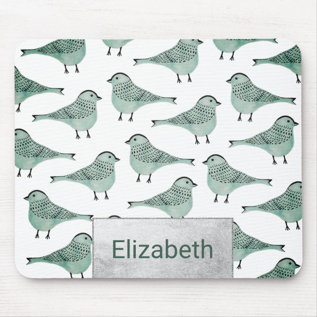 Forest green watercolor bird black brushstrokes mouse mat (Front)