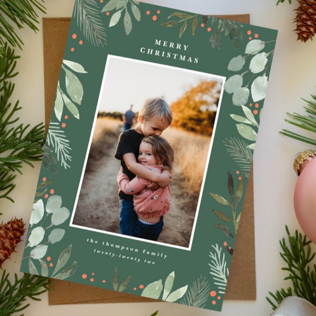 Forest Green Watercolor Merry Christmas Photo Card (Creator Uploaded)