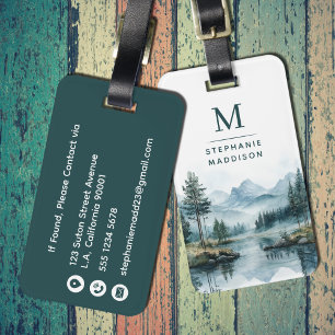 Forest Green Watercolor Mountains Lake Monogrammed Luggage Tag
