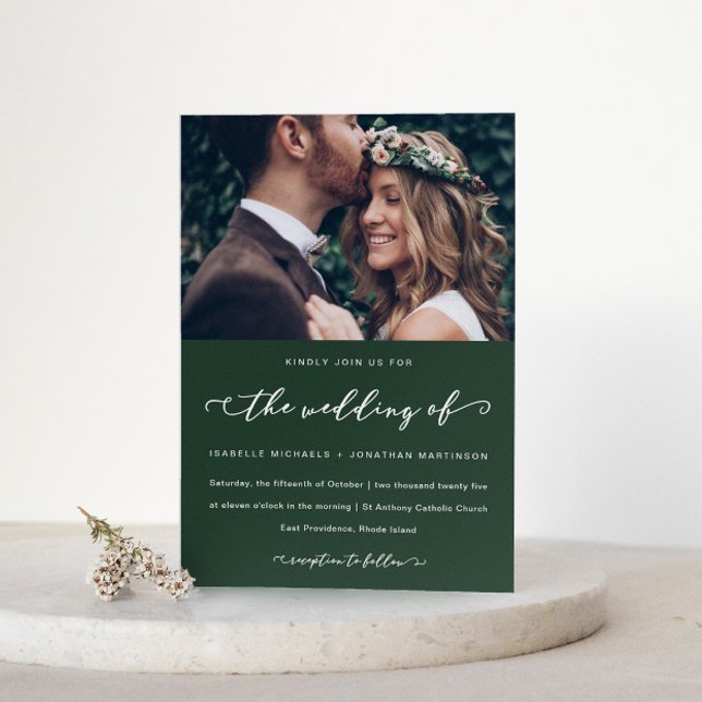 Forest Green Wedding Calligraphy and Photo Invitation (Creator Uploaded)