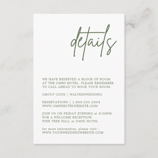 Forest Green Wedding Details Enclosure Card (Front)