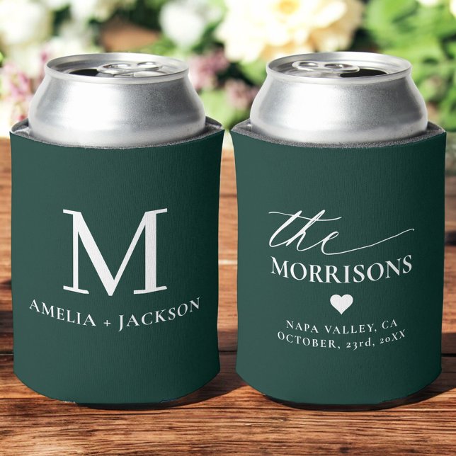 Forest Green Wedding Favour Monogram Name Heart Can Cooler (Creator Uploaded)