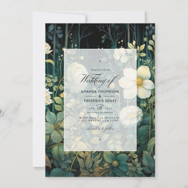 Forest Green, White and Gold Floral Wedding Invitation (Front)