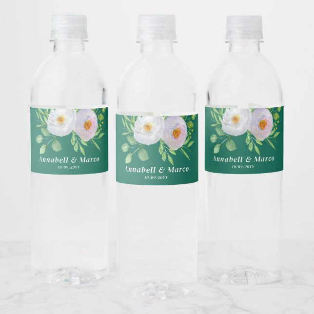 Forest Green White Floral  Water Bottle Label (Bottles)