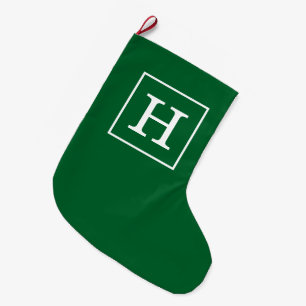 Forest Green White Framed Initial Monogram Large Christmas Stocking
