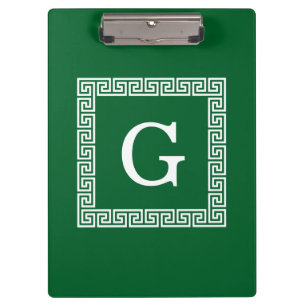 Forest Green, White Greek Key #1 Framed Monogram Clipboard