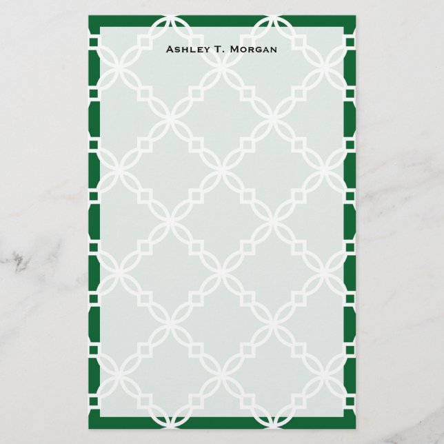 Forest Green White Large Fancy Quatrefoil Pattern Stationery (Front)