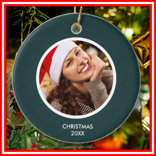 Forest Green White Modern Initials Monogram PHOTO Ceramic Tree Decoration