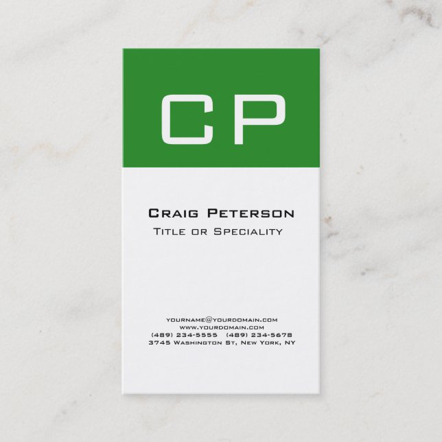 Forest Green White Monogram Modern Minimalist Business Card (Front)