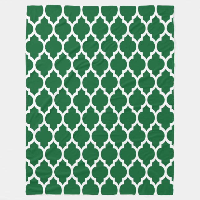Forest Green, White Moroccan Quatrefoil Pattern #4 Fleece Blanket (Front)