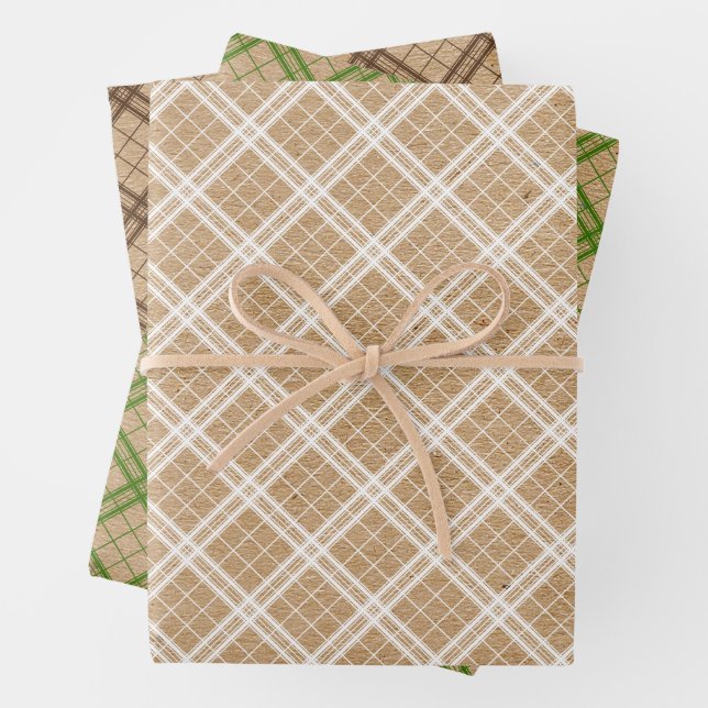 Forest Green White Tartan Faux Rustic Brown Kraft Wrapping Paper Sheet (In situ)