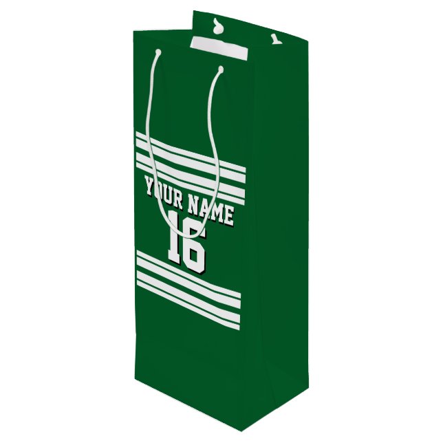 Forest Green White Team Jersey Custom Number Name Wine Gift Bag (Back Angled)
