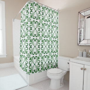Forest Green White Watercolor Floral Moroccan Tile Shower Curtain