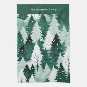 Forest Green Winter Trees Snow Christmas Kitchen Tea Towel
