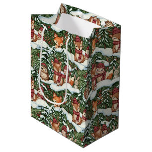 Forest Green Winter Woodland Friends Pattern Medium Gift Bag